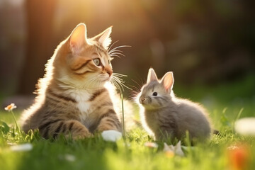 cute cat with cute bunny playing on the green grass of the garden with blurred background and sunlight