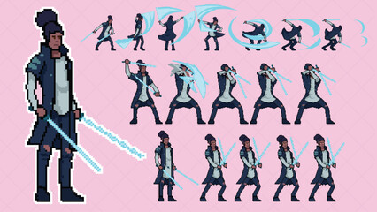pixel art style illustration vector 8 bit 8-bit character set retro design game aseprite vintage man sword attack animation