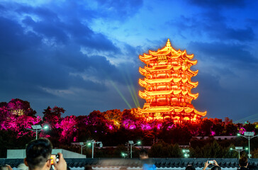 Yellow Crane Tower at twilight, the traditional Chinese multi-storey tower located on Sheshan...