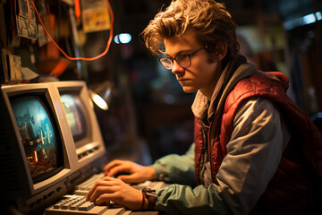 Computer geek of the 80s. A young man is working at a computer. - obrazy, fototapety, plakaty