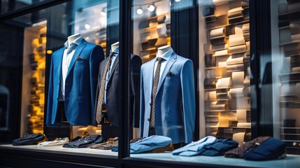 luxury suits on display in a suit shop - obrazy, fototapety, plakaty