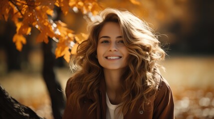 Close up young woman sitting in autumn park