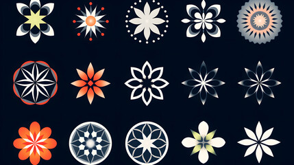 Collection of star and flower geometric shapes, inspired by Brutalism. Colorful, minimalist and abstract symbols. Isolated vector and decorative patterns. generative ai.