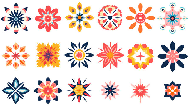 Collection of star and flower geometric shapes, inspired by Brutalism. Colorful, minimalist and abstract symbols. Isolated vector and decorative patterns. generative ai.