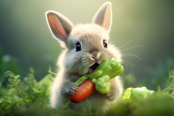 Cute baby rabbit eating vegetables - obrazy, fototapety, plakaty