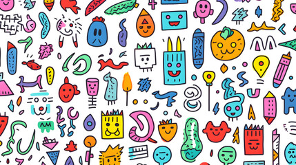 Colorful Children Marker Doodle Seamless Pattern Set. Collection of Childish freehand scribble and hand drawn marker shapes. Full Vector Background and Shapes collection. generative ai. - obrazy, fototapety, plakaty