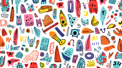 Colorful Children Marker Doodle Seamless Pattern Set. Collection of Childish freehand scribble and hand drawn marker shapes. Full Vector Background and Shapes collection. generative ai. - obrazy, fototapety, plakaty