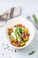 salad with potatoes, rice, meat and green onions top view