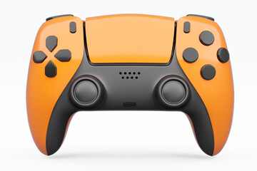 Realistic orange video game joystick on white background