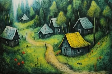 Gartenposter Environment landscape art featuring a small village nestled in the heart of a lush forest, rendered in oil pastel colors with a charming and cute artistic style that adds a whimsical touch. © Nutcha