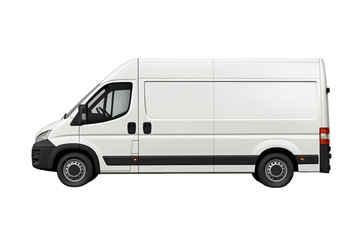 White delivery van side view blank mockup on cut out PNG transparent background. Blank van for design or vinyl