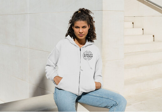 Mockup of woman wearing customizable zipper hoodie sitting on wall