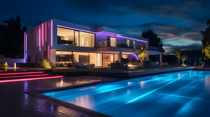 Modern villa with colored led lights at night. Nobody inside. generative ai.