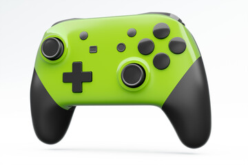 Realistic green video game joystick or gamepad on white background