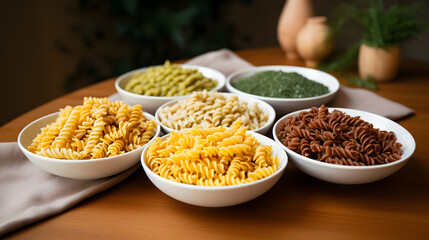 variety of fusilli pasta from different types of legumes. Gluten-free pasta. generative ai.