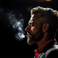 Fototapeta premium Portrait of a bearded man smoking a cigarette with smoke