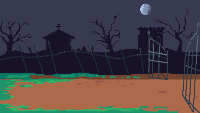 pixel art style illustration vector 8 bit 8-bit character set retro design game aseprite vintage graveyard background