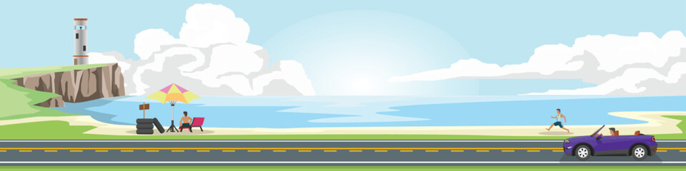 Cartoon transport travel for banner. Sport car with driving for travel.  Asphalt road near sea beach. With renting rubber tires with a canopy and people sitting on a raft. with lighthouse on the land.