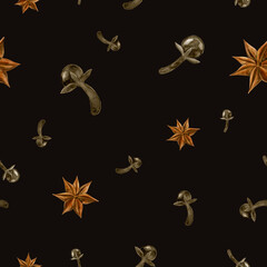 Cloves and Anise Stars Seamless Pattern on White Background