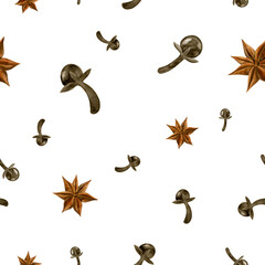 Cloves and Anise Stars Seamless Pattern on White Background