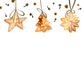 Background with Hanging Christmas Cookies and Copy Space