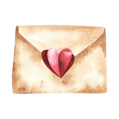 Beige envelope with red heart. Love letter for Valentines day. Watercolor hand drawn illustration isolated on white background. For cards, flyers and invitations.