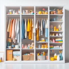 Colorful items in a white glass wardrobe.