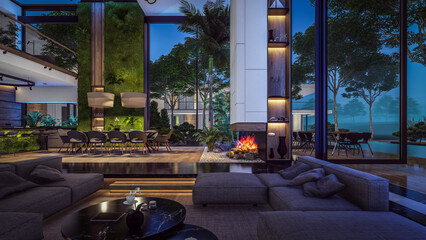 3d rendering of expensive cozy interior with green walls with living dining zone stair and kitchen for sale or rent. Warm interior lighting combined with cold light from night street