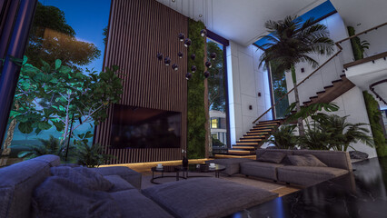 3d rendering of expensive cozy interior with green walls with living dining zone stair and kitchen for sale or rent. Warm interior lighting combined with cold light from night street