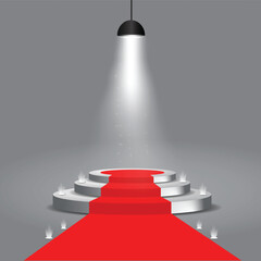 Obraz premium Stage podium with lighting, product 3d studio presentation stage. on red Background, Vector illustration