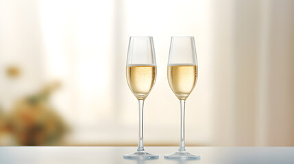 Two elegant champagne glasses with sparkling wine on a wooden table - obrazy, fototapety, plakaty