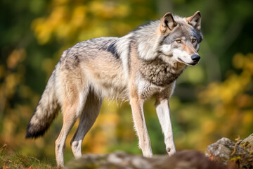 Gray wolf or grey wolf canis lupus close up