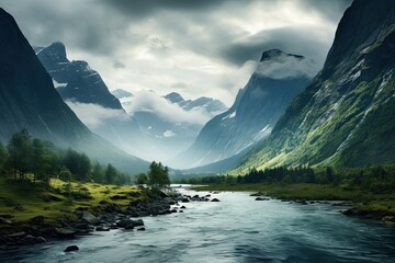 Landscape of Norway. Valley in the mountains with a river. The clouds descended onto the mountains.  Generative AI Art. Beautiful view. - obrazy, fototapety, plakaty