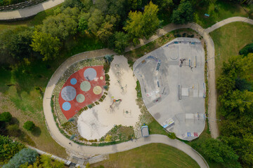 Amazing aerial view of the skate park in Santo Tirso in Portugal with many skaters and BMX bikers...