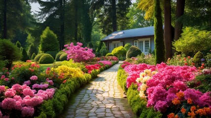 A well-maintained garden with vibrant flowers and lush greenery.