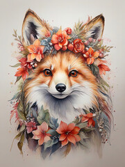 A graceful fox adorned with a Christmas flower crown amidst a snowy landscape exudes elegance and charm.