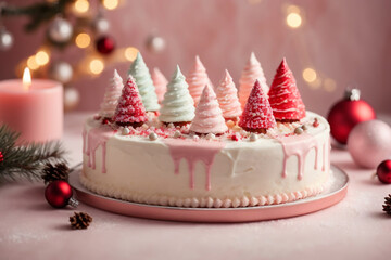 Christmas cake pastel colors with little trees on the top