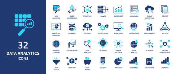 Data analytics icons collection. 32 designs of data analytics icon. Solid icon elements.