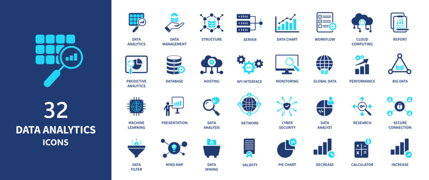 Data analytics icons collection. 32 designs of data analytics icon. Solid icon elements.