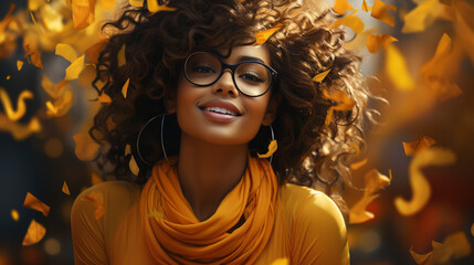 Close up shot of funny dark skinned cute female model wears glasses, has curly hair