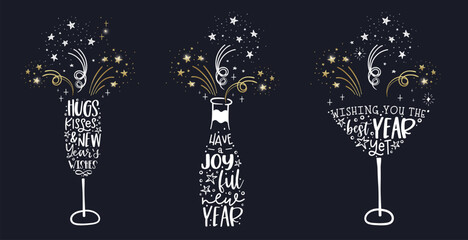 Fun hand drawn New Years Party doodles - cute hand writing and firework - vector design - obrazy, fototapety, plakaty