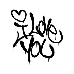 Sprayed i love you font graffiti with overspray in black over white. Vector illustration. © Yevhen