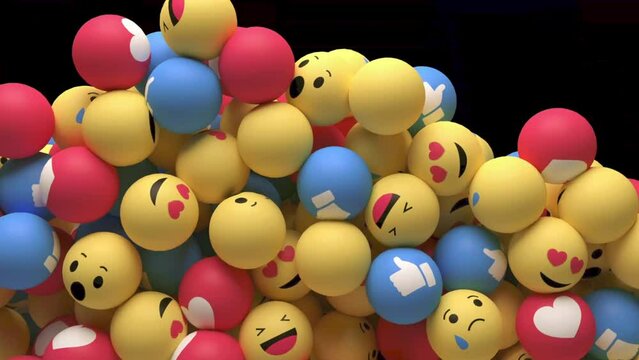 Editorial footage: Animation of falling and filling screen yellow balls with mix emotion of emoji at black background. 4K animation