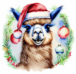 Świąteczna alpaka w czapce świętego Mikołaja - obrazy, fototapety, plakaty