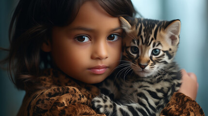 Close up of a little indian pretty girl hugs a beautiful bengal cat, lovely pet, frendship with pets. Indors home background.Cute little cat. 