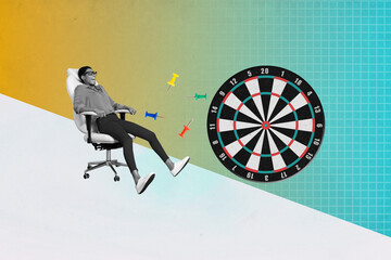 Composite collage picture image of funny female darts board target armchair sit slide slope pin up...