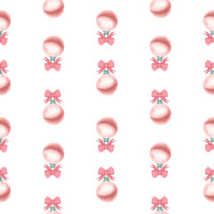 Seamless pattern with red Christmas balls and a red bow on a white background. A glass toy. Watercolor illustration. Template for New Year and Christmas decoration. packaging, postcard, wallpaper