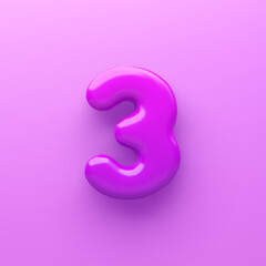 3D Purple number 3 with a glossy surface on a purple background .