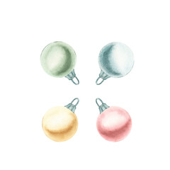 Round Christmas balls of red, green, yellow and blue colors. isolate on a white background. Glass toys. Handmade watercolor illustration. Template for New Year and Christmas decoration. postcard