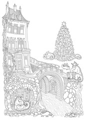 Fairy tale Dragon apartment in the old medieval town. Dragons family in the morning after a New Year's party. Adults coloring book page